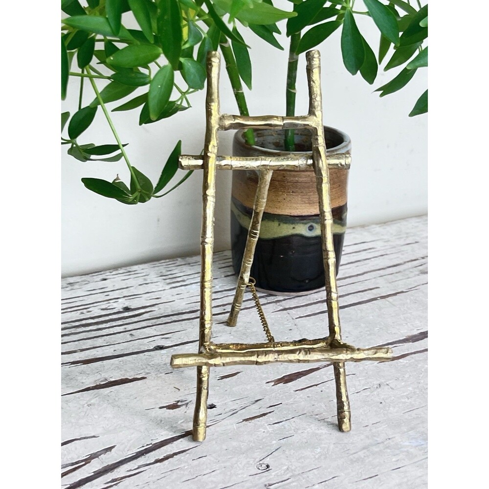 Vintage Hollywood Regency Style Bamboo Gold Tone Brass Easel Display Stand 7”